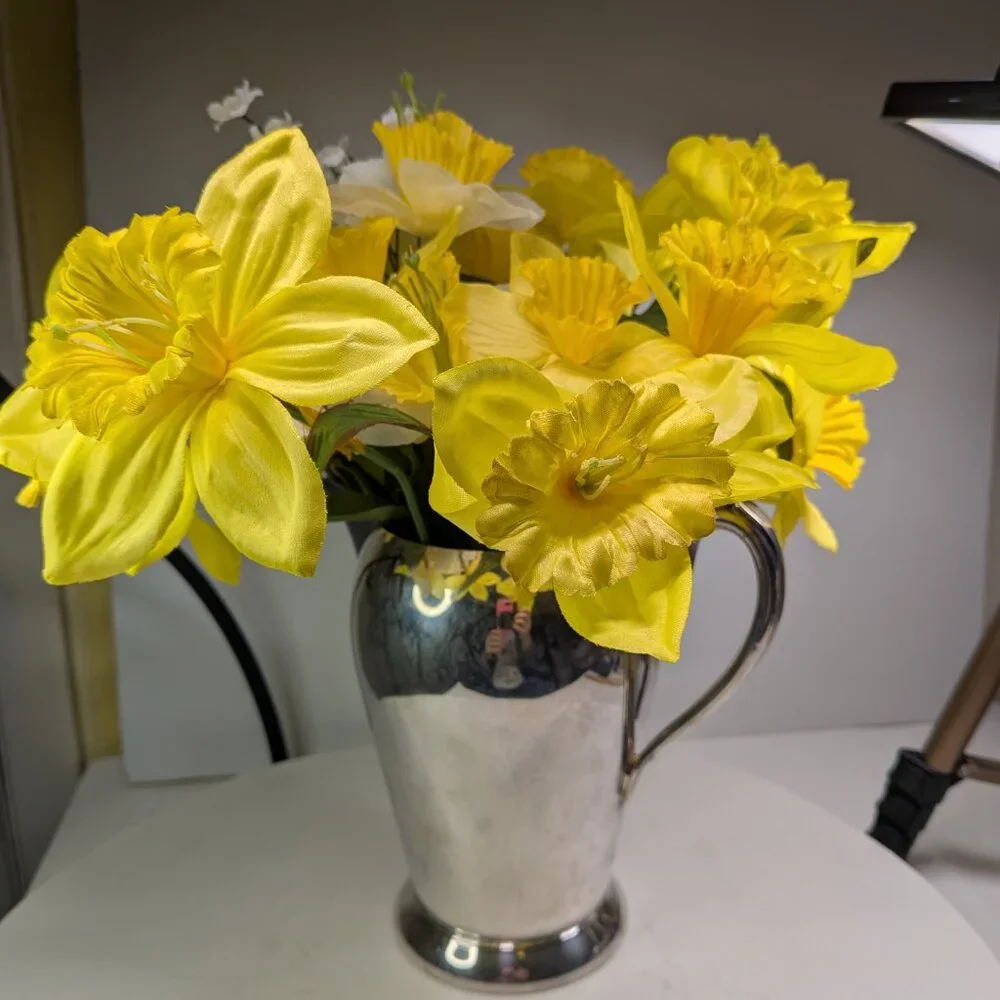 Water Pitcher Silver Plated by Academy w Daffodil Flowers FOOD SAFE